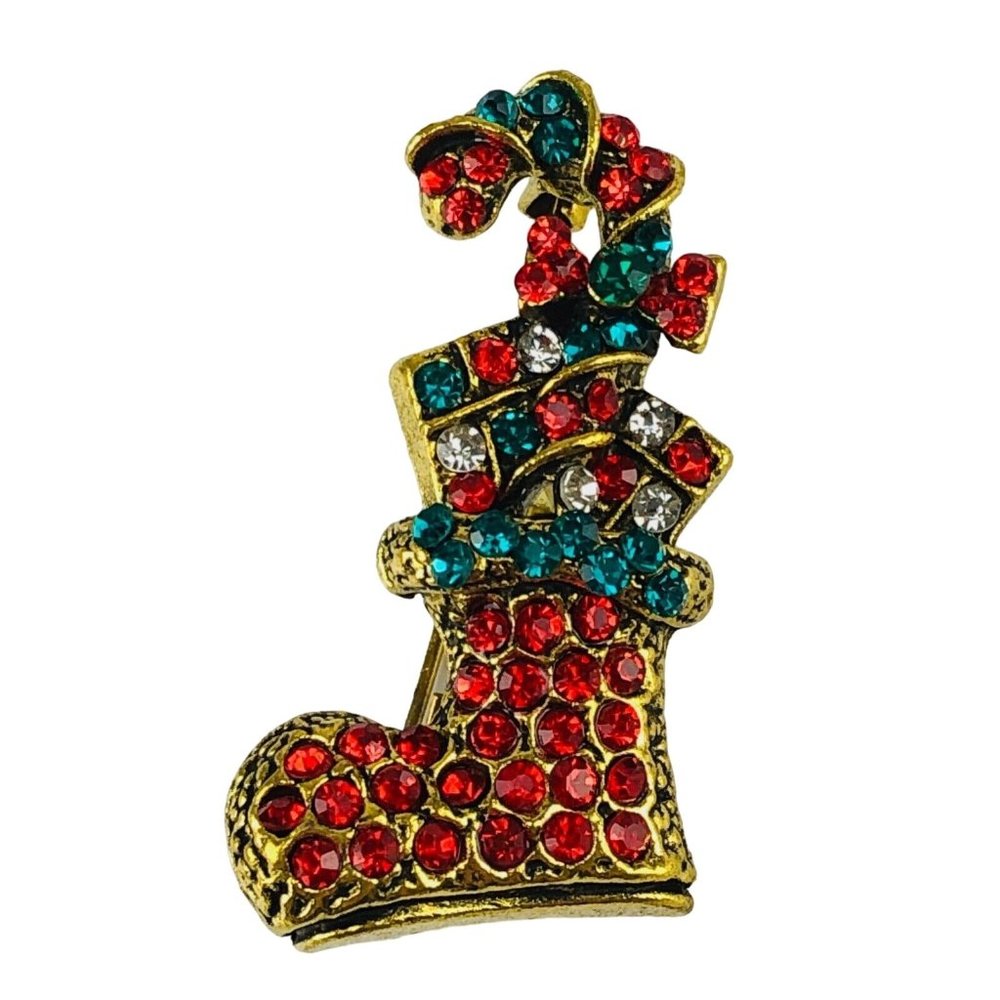 Brooch Christmas Holiday Stocking with Candy Cane Crystal Rhinestones Gold Tone